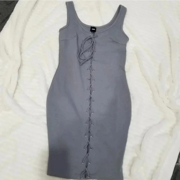 Gray Mini Dress with Lace up Front - Picture 2 of 4